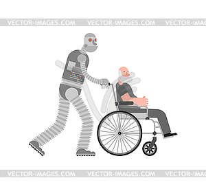 Robot nurse for pensioners. Cyborg helper helps - vector clip art