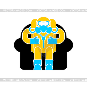 Man in radiation-protective suit sits on chair. - vector image