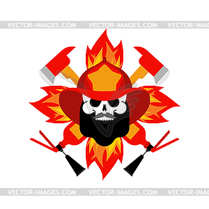 Firefighter Skull in helmet sign. Fire ax and flame - vector image