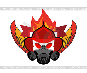 Firefighter Skull in helmet sign. Fire ax and flame - vector image