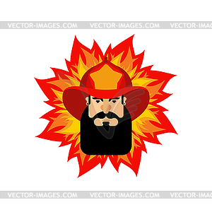 Firefighter in helmet sign. Fire ax and flame. - vector image