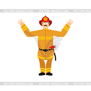 Firefighter confused. Fireman is perplexed emotions - vector clip art
