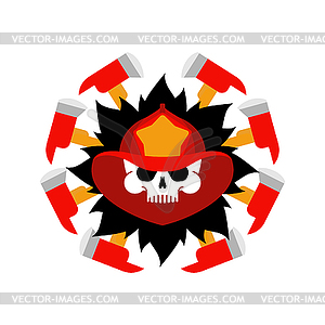 Firefighter Skull in helmet sign. Fire ax and flame - vector clip art