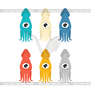 Разноцветный значок набора кальмаров. морские головоногие моллюски - векторный клипарт EPS