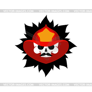 Firefighter Skull in helmet sign. Fire ax and flame - vector clip art