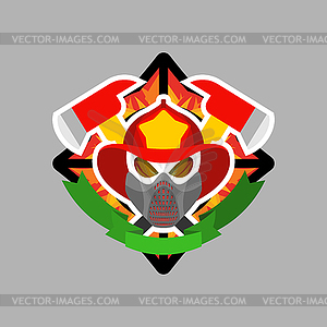 Firefighter Skull in helmet sign. Fire ax and flame - royalty-free vector clipart