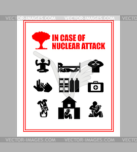 In Case of Nuclear Attack set sign poster. What to - vector clip art