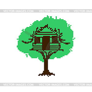 Pixel art Tree house. 8 bit Children`s treehouse. - vector image