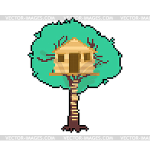 Pixel art Tree house. 8 bit Children`s treehouse. - vector image