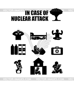 In Case of Nuclear Attack set sign poster. What to - vector clipart