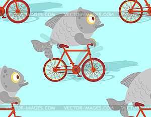 Fish on bike Pattern seamless. Carp on bicycle - vector clipart