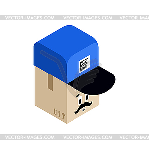 Parcel box in postman cap . Concept funny box to - vector image