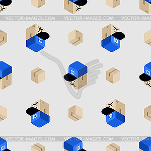 Коробка для посылок и шапочка почтальона с бесшовным рисунком. Концепция - клипарт в векторном виде