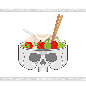 Noodles in skull. Skeleton head plate . Ramen in - royalty-free vector clipart