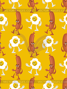 Fried eggs and sausage friends pattern seamless. - vector clip art