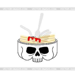 Noodles in skull. Skeleton head plate . Ramen in - vector image