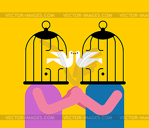 Cage for lovers with dove instead of head. concept - vector image