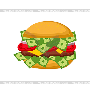 Money burger. Hamburger with dollars. Fast food - vector image