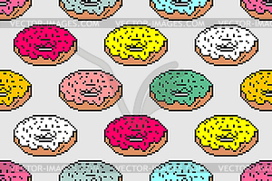 Бесшовный пиксельный рисунок пончика. 8-битная еда - векторное графическое изображение