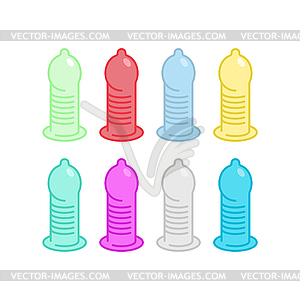 Condom set. Rubber Contraceptive. Remedy for genita - vector image