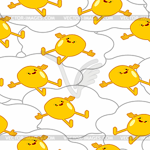 Cartoon fried egg background. Scrambled eggs relaxe - vector image