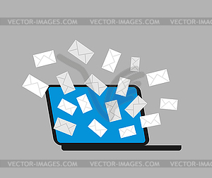 Emails and computer. Letters are flying out of - vector clip art