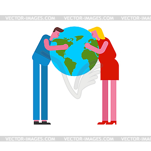 Man hugs earth Love earth. guy hugs and kisses - vector image