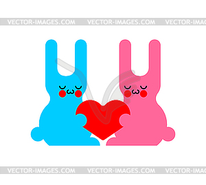 Cute rabbits and love. Hares and heart - vector image