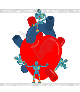 Mini robot doctors and heart. Nanorobots and - royalty-free vector clipart