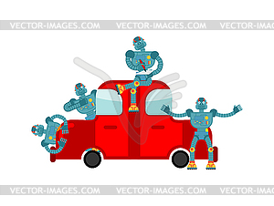 Mini robot Car mechanic and car. Nanorobots and - vector clipart