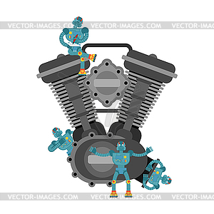 Мини-робот-автомеханик и двигатель. Нанороботы и - стоковое векторное изображение