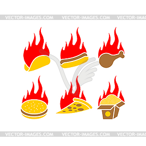 Fiery Hot fast food symbol set sign icon. Fiery - vector clip art