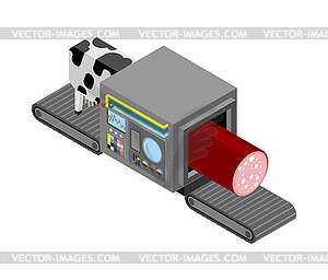 Automatic production of colabsa. Cow and sausages - vector clipart