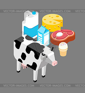 Products of cow: Dairy products set. Milk and - color vector clipart