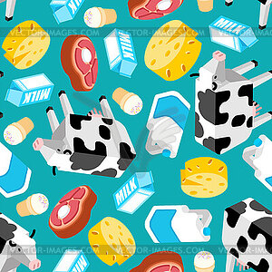 Рисунок коровы и молочных продуктов бесшовный. Молоко и - векторизованный клипарт