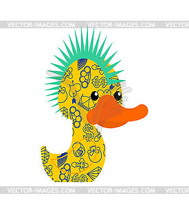 Rubber duck punk. Toy yellow duck punk. Mohawk and - vector clipart