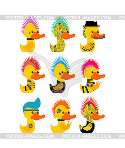 Rubber duck punk set. Toy yellow duck punk. Mohawk - vector clipart