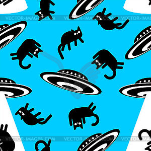 UFO abducting cat pattern seamless. Aliens steals - vector clipart