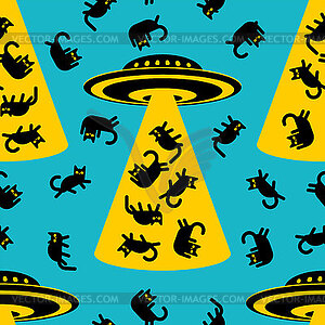 UFO abducting cat pattern seamless. Aliens steals - vector image