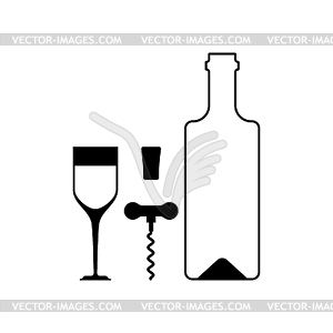 Wine bottle and glass sign set. Corkscrew symbol - vector clipart