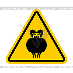 Attention Ram. Yellow road sign. Caution Sheep - vector image