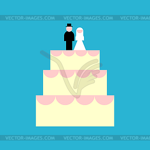 Large wedding cake and newlyweds figurines. - vector clipart