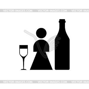 Female alcoholism sign. Girl and alcohol bottle - vector image