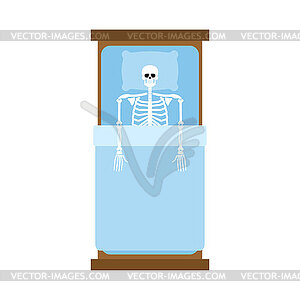 Skeleton in bed. skeleton lies in bed under blanket - color vector clipart