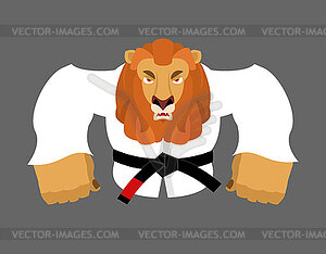 Leo in judo kimono. Karate Lion mascot. Angry - vector clip art