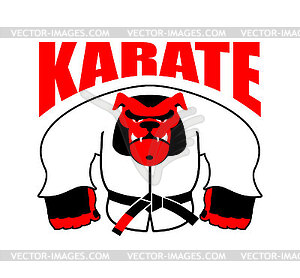Собака-талисман каратэ. бульдог в кимоно для дзюдо. Сердитый - иллюстрация в векторном формате