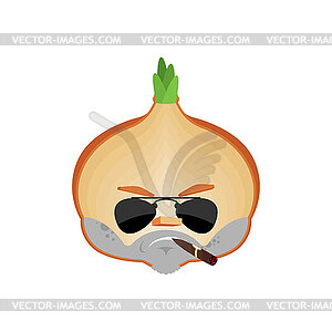 Onion Cool in glasses. Bulb Onion Emoji strong - vector image