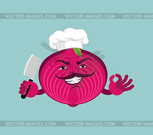 Onion chef. Onion in chef hat. Vegetable gastronomi - vector image