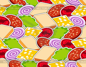 Bread and onion and salad pattern seamless. Sandwic - vector image