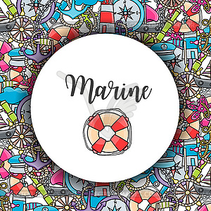 Marine doodle elements, style background - vector clipart